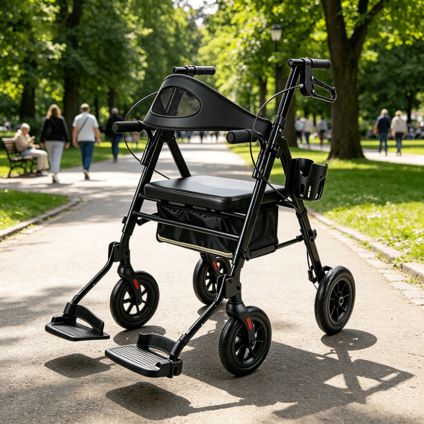 Specared 2 in 1 Rollator Walker Support to 350LBS, 6.5" Ultra-Wide Breathable Backrest Transport Chair, 8" PU Shock-Abs All-Terrain Wheels, Black