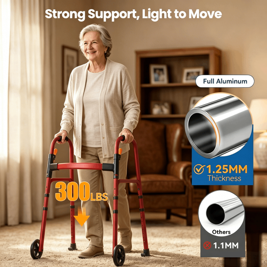 Specared Folding Walker for Seniors, Ultra-Lightweight Rolling Walker with Trigger Release Folding, 8 Levels 300lbs for Adults Handicap, Red