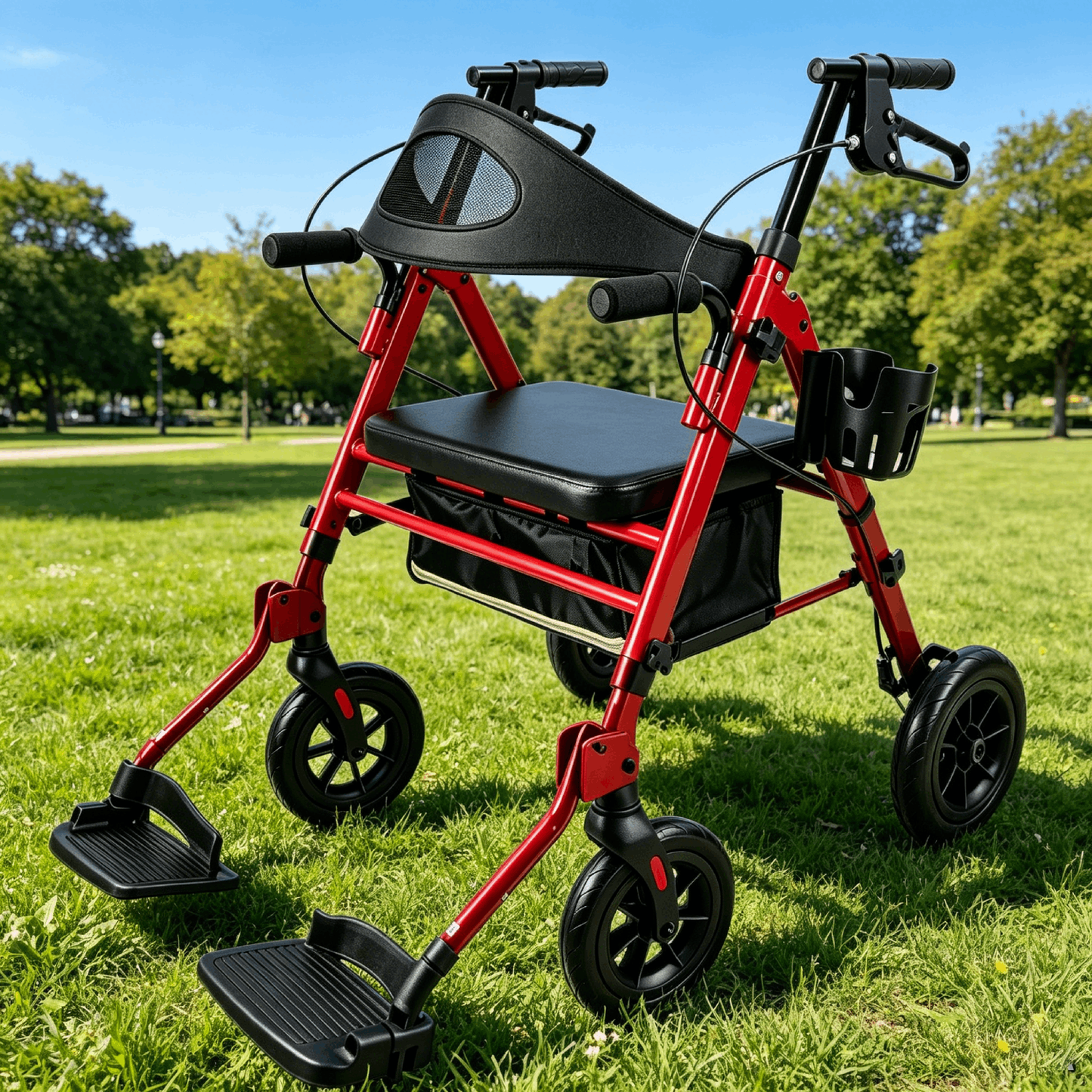 Specared 2 in 1 Rollator Walker with Ultra-Wide Breathable Backrest, 8" PU Shock-Abs All-Terrain Foldable Transport Chair for Senior, Max 350lbs Red
