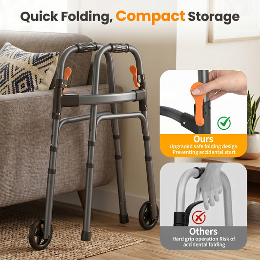 Specared Folding Walker for Seniors, Ultra-Lightweight Rolling Walker with Trigger Release Folding, 8 Levels 300lbs for Adults Handicap, Gray