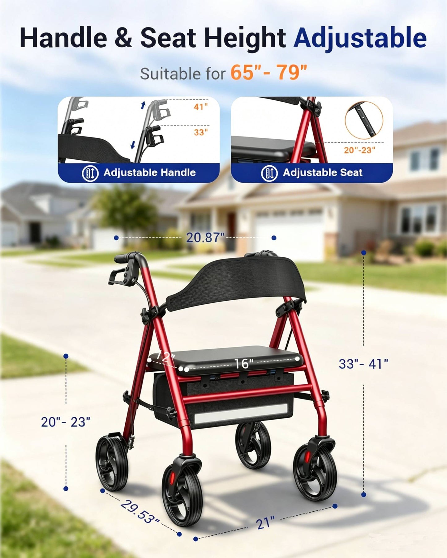 Specared Rollator Walker with Seat for Seniors, 350lbs Heavy Duty Folding Walker, Adjustable Seat Height Backrest Storage Bag, Red