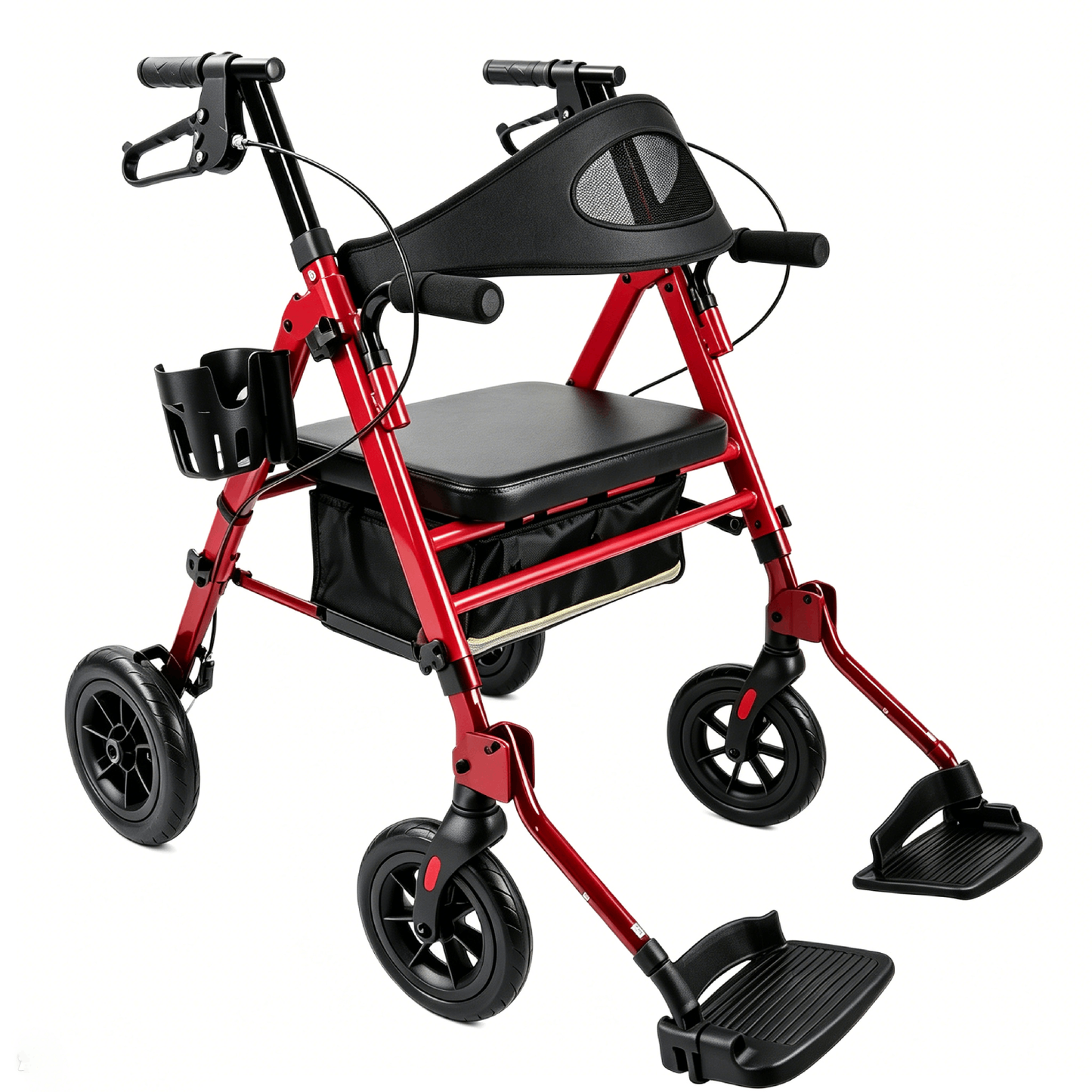 Specared 2 in 1 Rollator Walker Transport Chair, Ultra-Wide Breathable Backrest Foldable Walker, 8" PU Shock-Abs All-Terrain, Max 350lbs Red