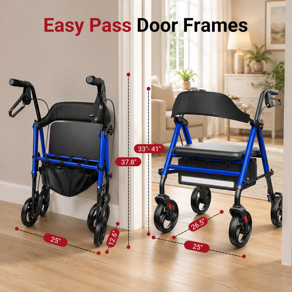 Specared Folding Rollator Walker with Seat, 16" Wide Seat 33"-41" Adjustable Height Lightweight Walkers, 350lbs Heavy Duty Blue