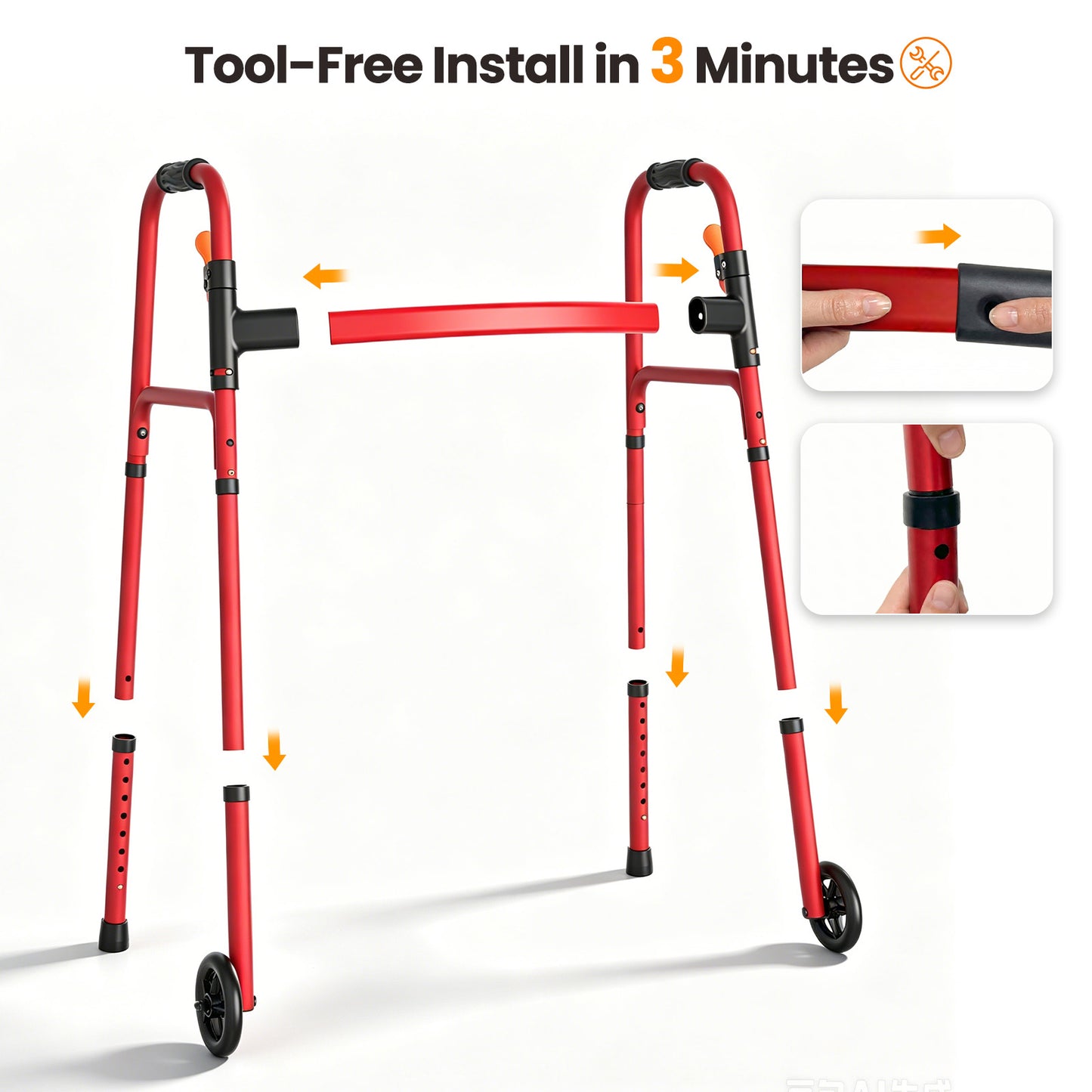 Specared Folding Walker for Seniors, Ultra-Lightweight Rolling Walker with Trigger Release Folding, 8 Levels 300lbs for Adults Handicap, Red