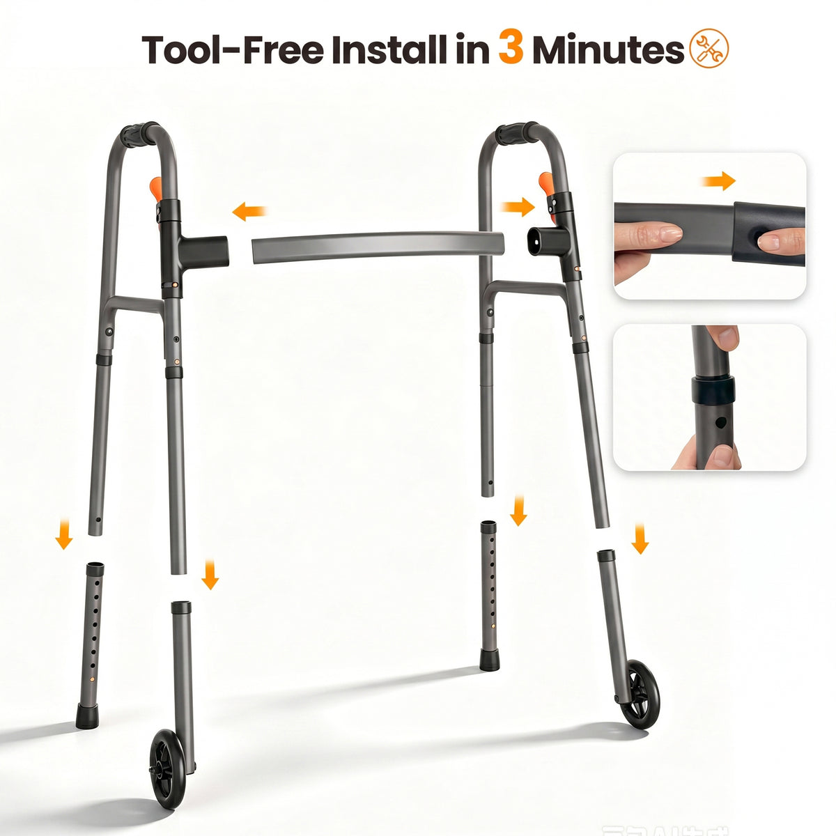 Specared Lightweight Folding Walker with One Hand Quick Fold, 8 Level Height Mobility Aid for Seniors with 300lbs Capacity, Gray