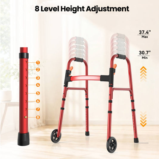 Specared Folding Walker for Seniors, Ultra-Lightweight Rolling Walker with Trigger Release Folding, 8 Levels 300lbs for Adults Handicap, Red