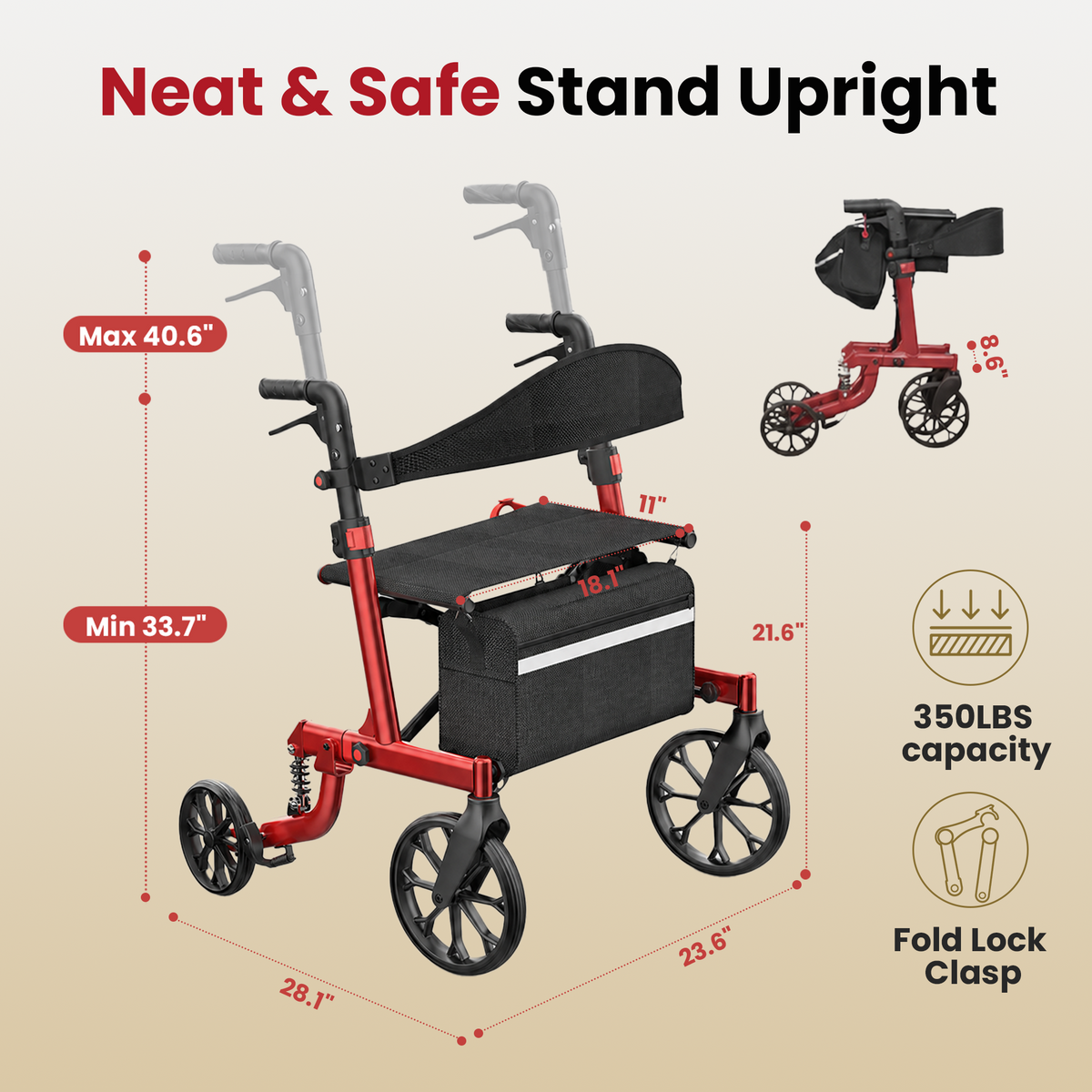 Specared All Terrain Rollator Walker with Shock Absorbers, 18" Widest Seat Ultra-Lightweight Senior Rolling Walker, Hidden Brake Cables 350lbs, Red