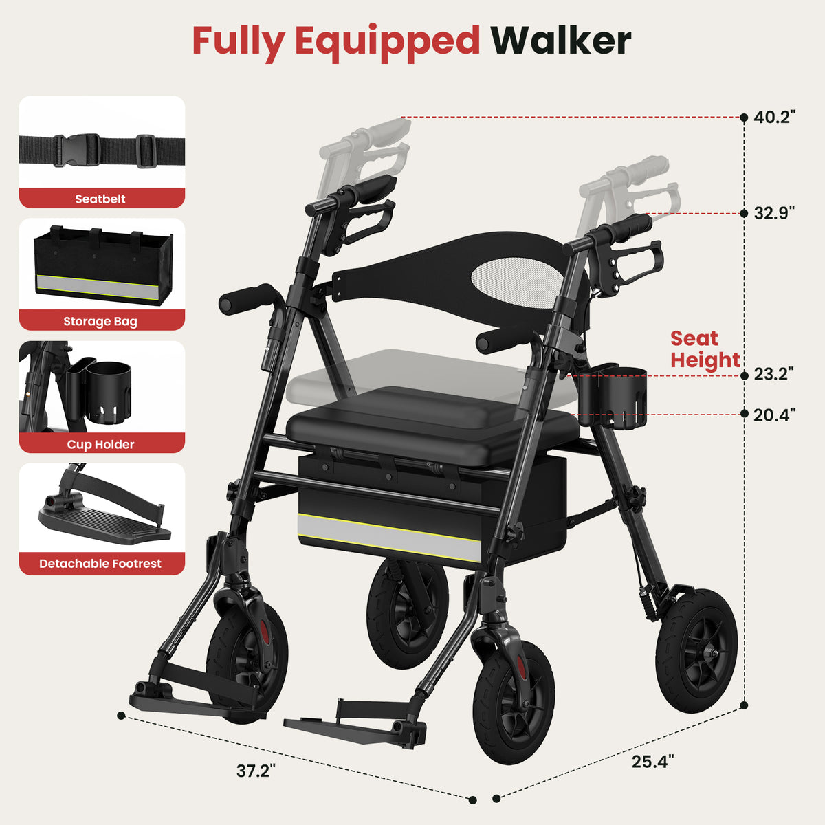 Specared 2 in 1 Rollator Walker for Seniors with 6.5" Ultra-Wide Breathable Backrest, 8" All-Terrain Wheels Transport Chair, Max 350lbs Black