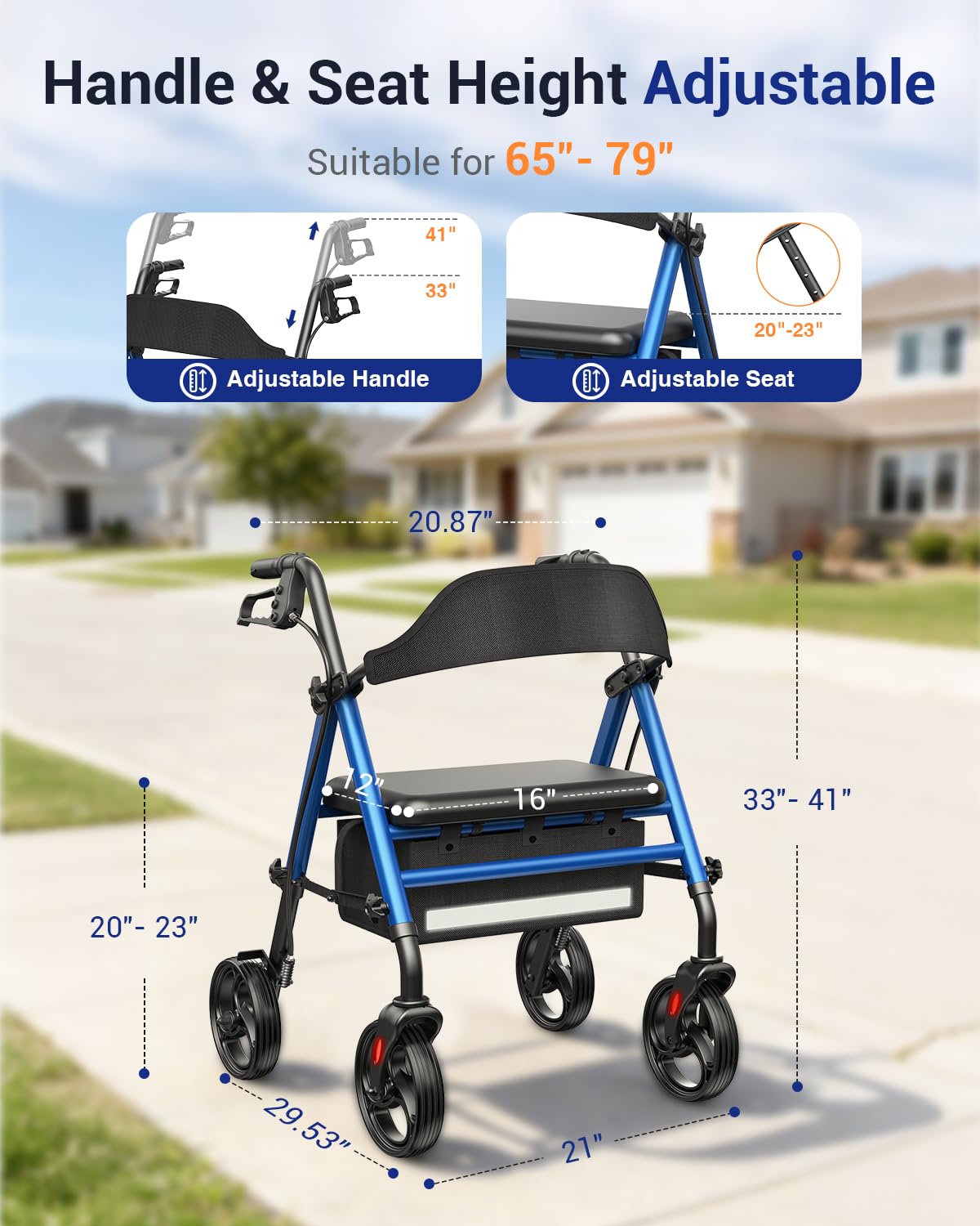 Specared All Terrain Rollator Walker with Seat for Seniors, 350lbs Heavy Duty Rolling Walker, 8" Wheels Storage Bag, Blue