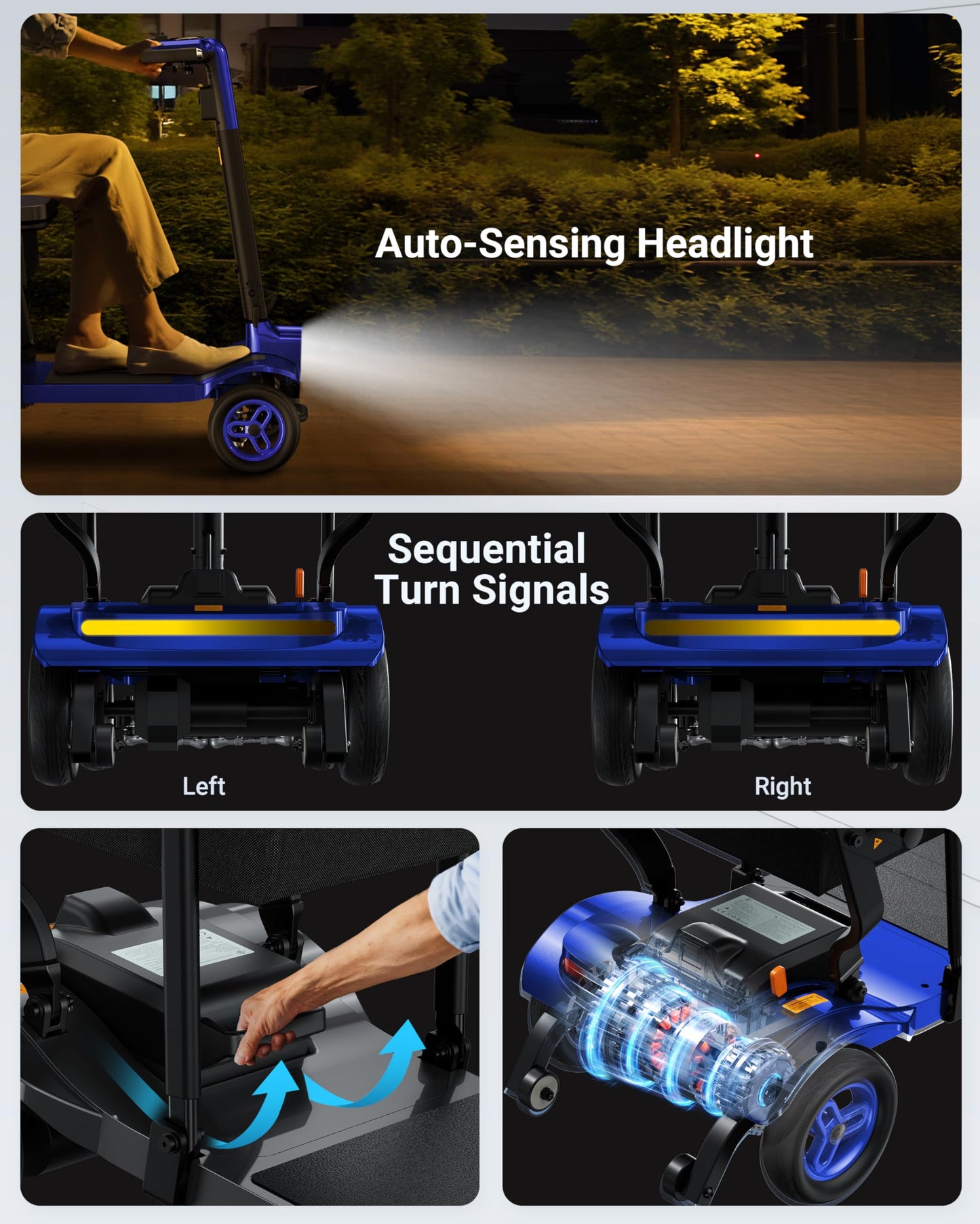 Specared Mobility Scooter 38LB Lightweight, Auto Headlights, Reverse Taillights, Airline, Cruise Approved Portable Scooter, 300LBS Capacity, Blue