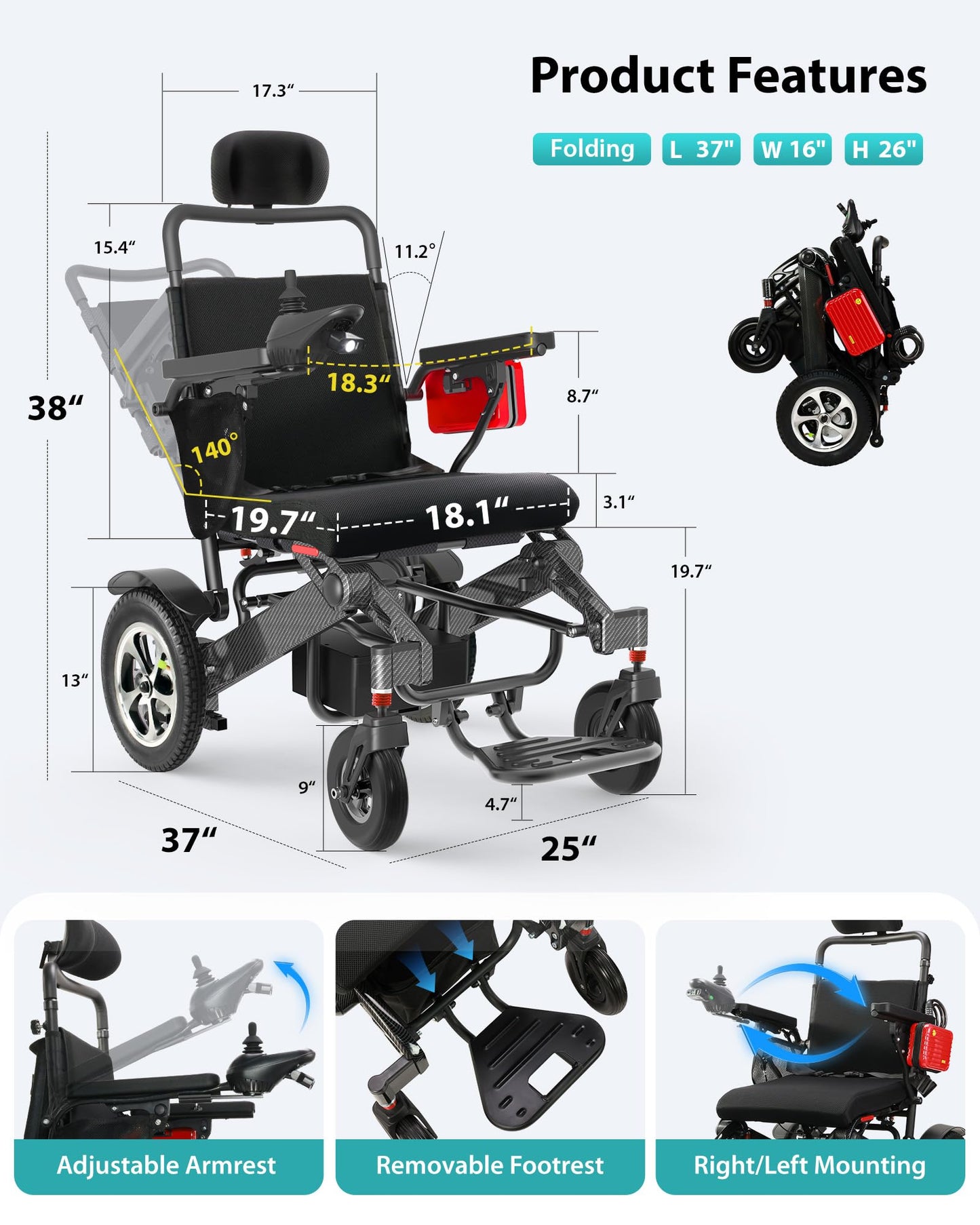 Specared Reclining Electric Wheelchair, 500W All Terrain Power Wheelchair Adjustable Headrest 30 Miles Range, 400 lbs Capacity