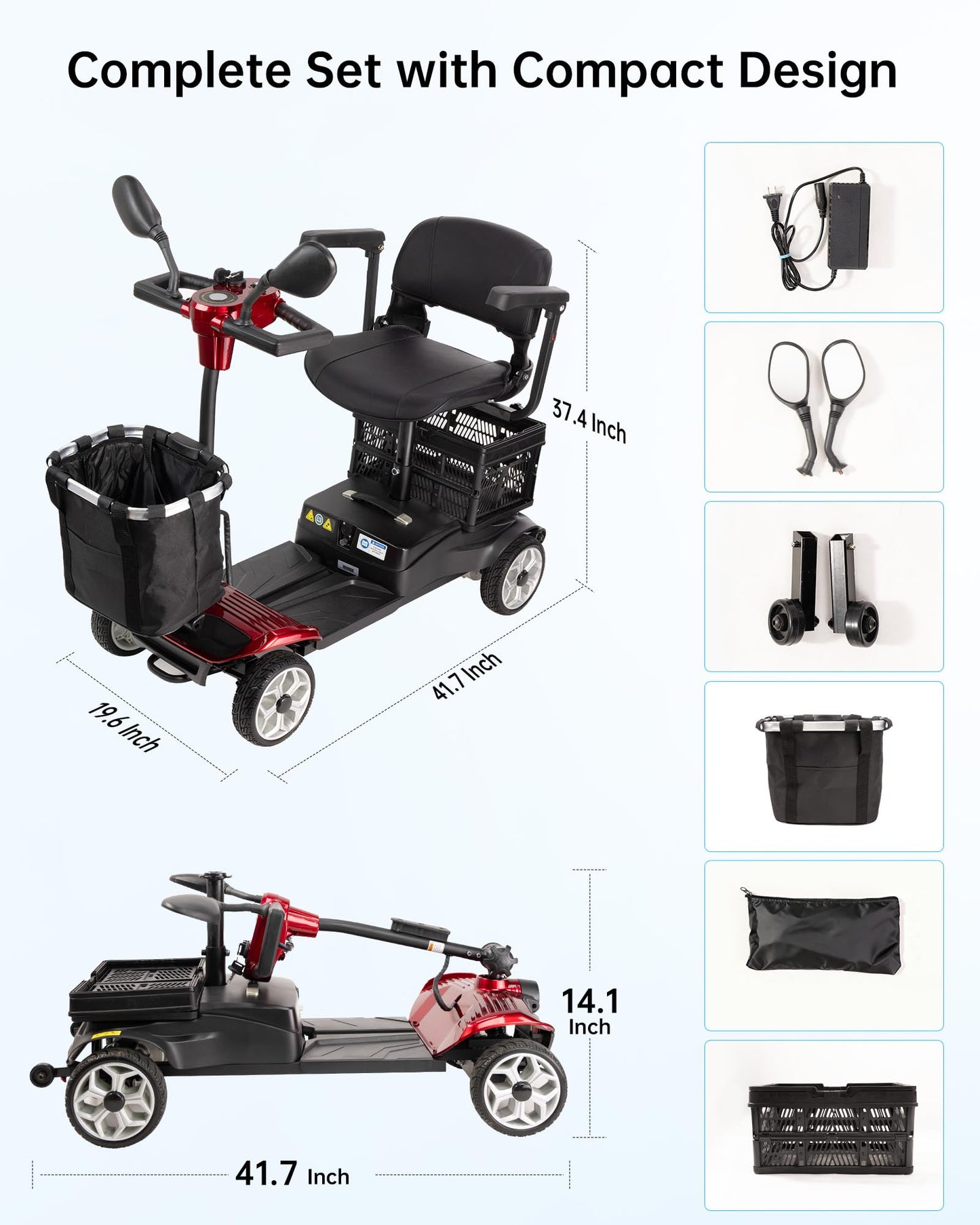 Specared 4 Wheel Mobility Scooter, Dual Baskets, 15 Miles Range, LED Headlight, 330 lb Capacity Foldable Electric Scooter, Red