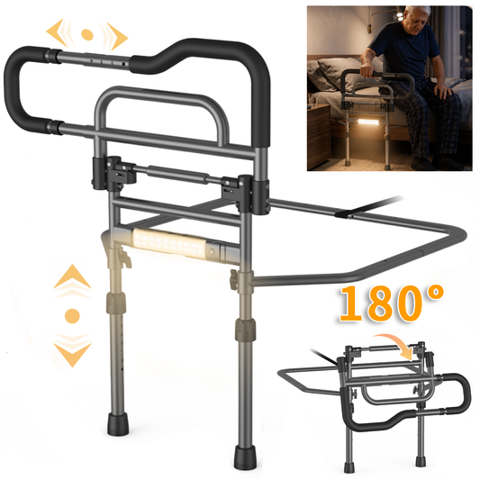 Specared Bed Rails for Elderly Safety, 180° One-Hand Folding Bed Assist Rails for Seniors with Sensor Light, Storage Pocket, Adjustable Height