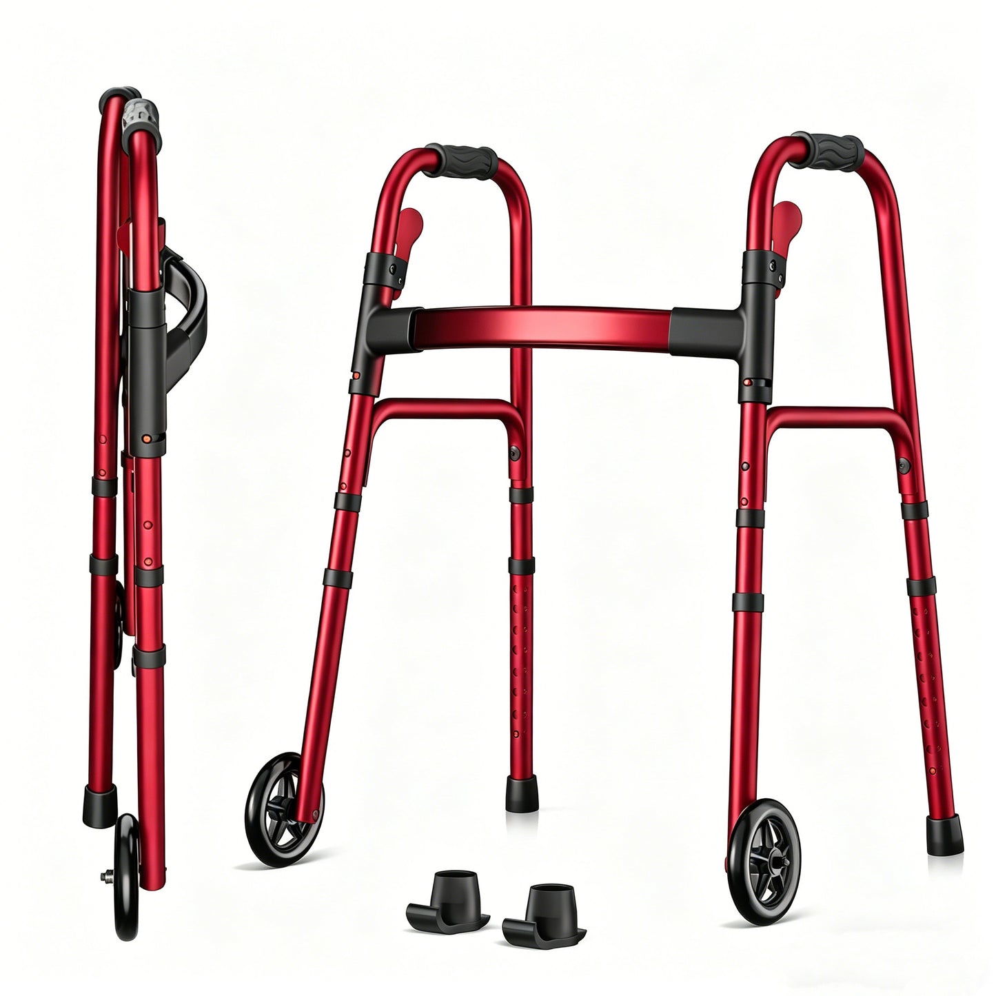 Specared Folding Walker for Seniors, Lightweight Rolling Walker with 8 Height Adjustments, One-Hand Folding, 300lbs Capacity for Elderly Adults and Handicap, Red