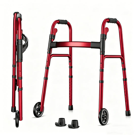 Specared Folding Walker for Seniors, Lightweight Rolling Walker with 8 Height Adjustments, One-Hand Folding, 300lbs Capacity for Elderly Adults and Handicap, Red