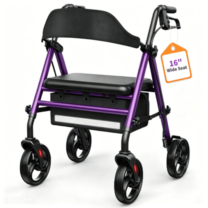 Specared All Terrain Rollator Walker for Seniors, 350lbs Heavy Duty Rolling Walker with 16" Wide Seat, 8" Wheels Storage Bag, Purple