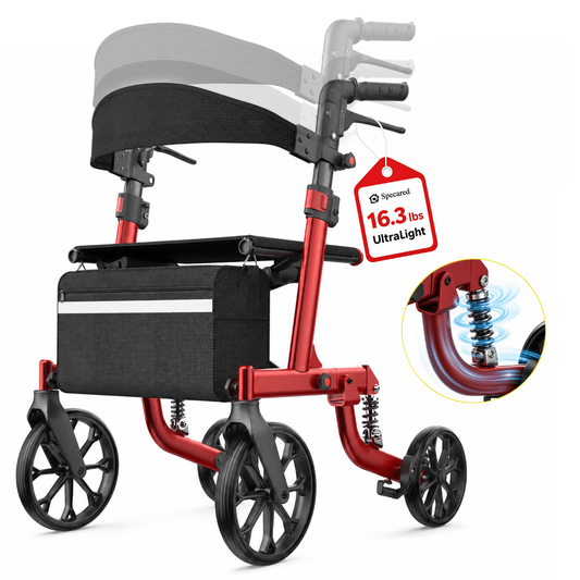 Specared All Terrain Rollator Walker with Shock Absorbers, 18" Widest Seat Ultra-Lightweight Senior Rolling Walker, Hidden Brake Cables 350lbs, Red