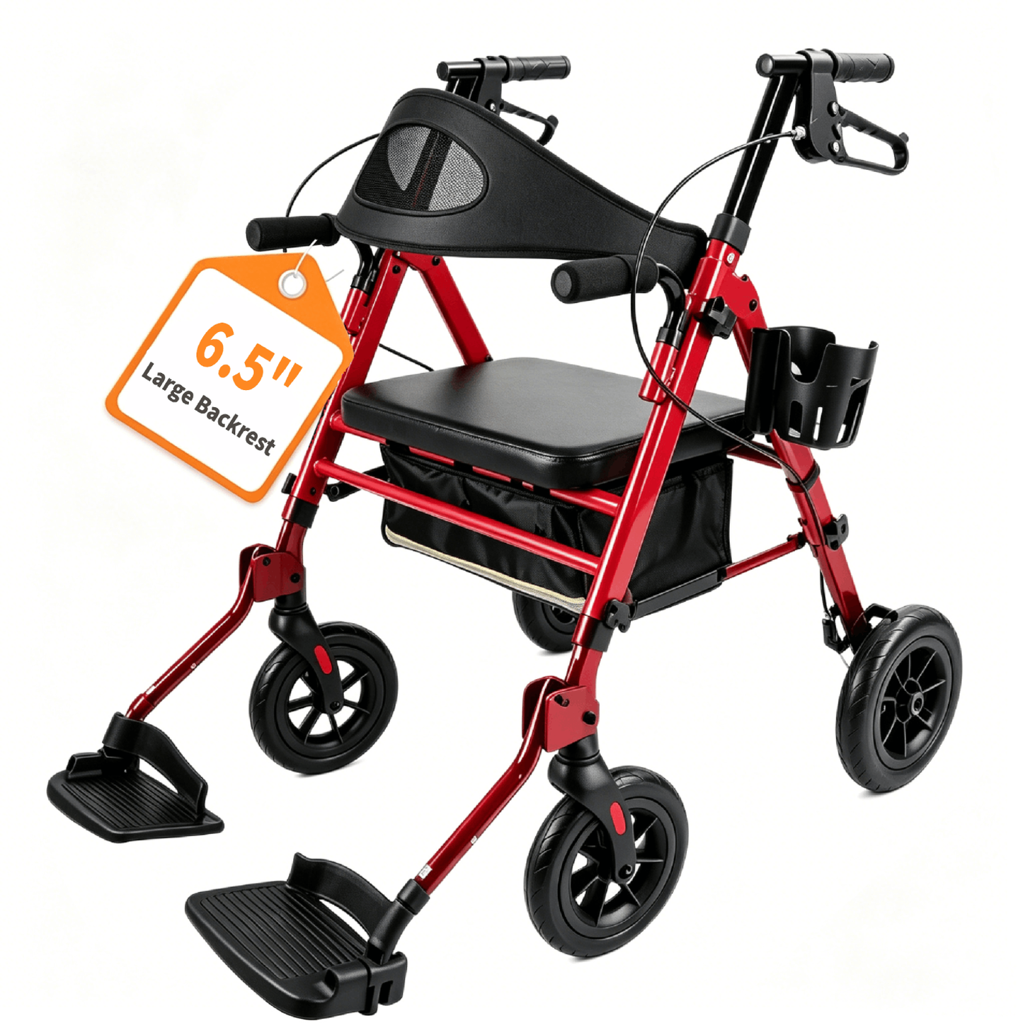 Specared 2 in 1 Rollator Walker Transport Chair, Ultra-Wide Breathable Backrest Foldable Walker, 8" PU Shock-Abs All-Terrain, Max 350lbs Red