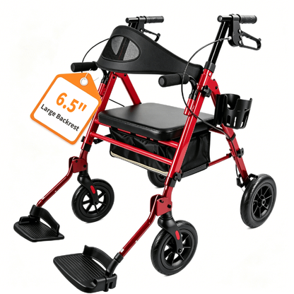Specared 2 in 1 Rollator Walker Transport Chair, Ultra-Wide Breathable Backrest Foldable Walker, 8" PU Shock-Abs All-Terrain, Max 350lbs Red