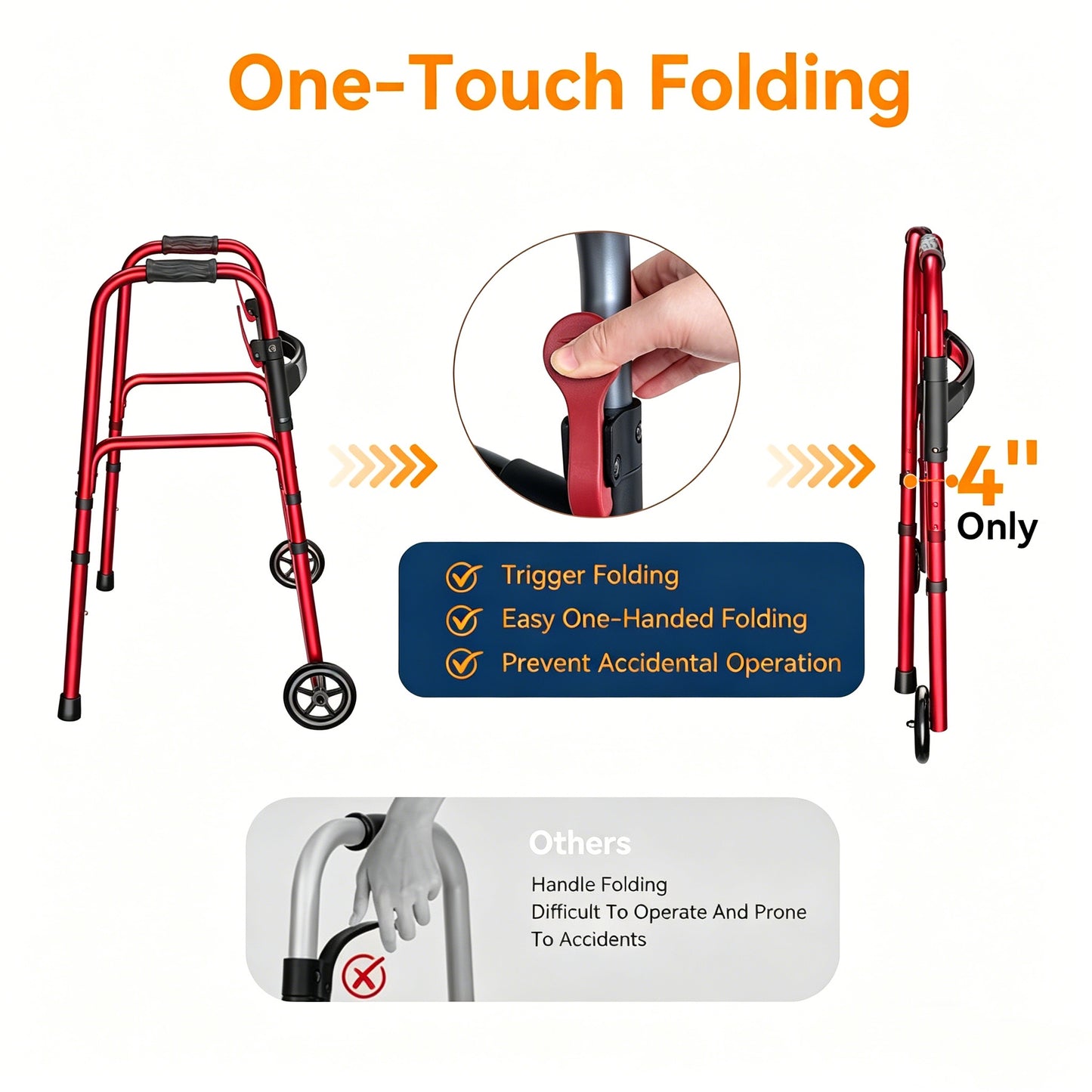 Specared Folding Walker for Seniors, Lightweight Rolling Walker with 8 Height Adjustments, One-Hand Folding, 300lbs Capacity for Elderly Adults and Handicap, Red