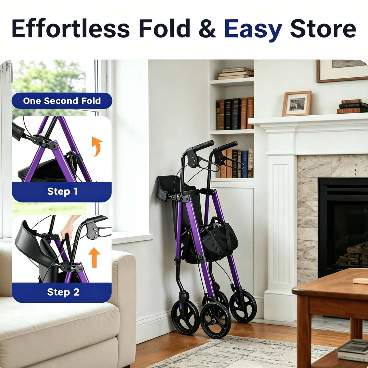 Specared All Terrain Rollator Walker for Seniors, 350lbs Heavy Duty Rolling Walker with 16" Wide Seat, 8" Wheels Storage Bag, Purple