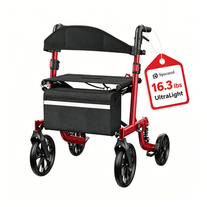 Specared All Terrain Rollator Walker with Seat 350lbs, Shock Absorbers Ultra-Lightweight Senior Rolling Walker, 18" Widest Seat Hidden Cables, Red