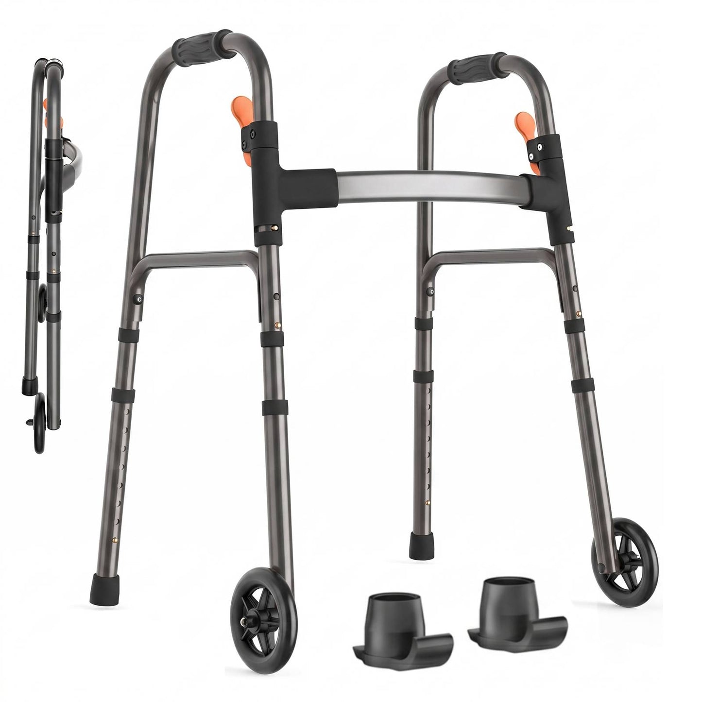 Specared Lightweight Folding Walker with One Hand Quick Fold, 8 Level Height Mobility Aid for Seniors with 300lbs Capacity, Gray