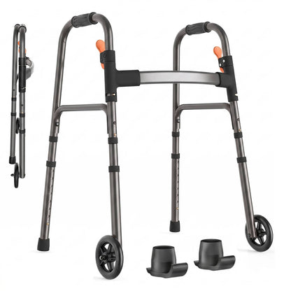 Specared Lightweight Folding Walker with One Hand Quick Fold, 8 Level Height Mobility Aid for Seniors with 300lbs Capacity, Gray