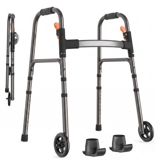 Specared Lightweight Folding Walker with One Hand Quick Fold, 8 Level Height Mobility Aid for Seniors with 300lbs Capacity, Gray