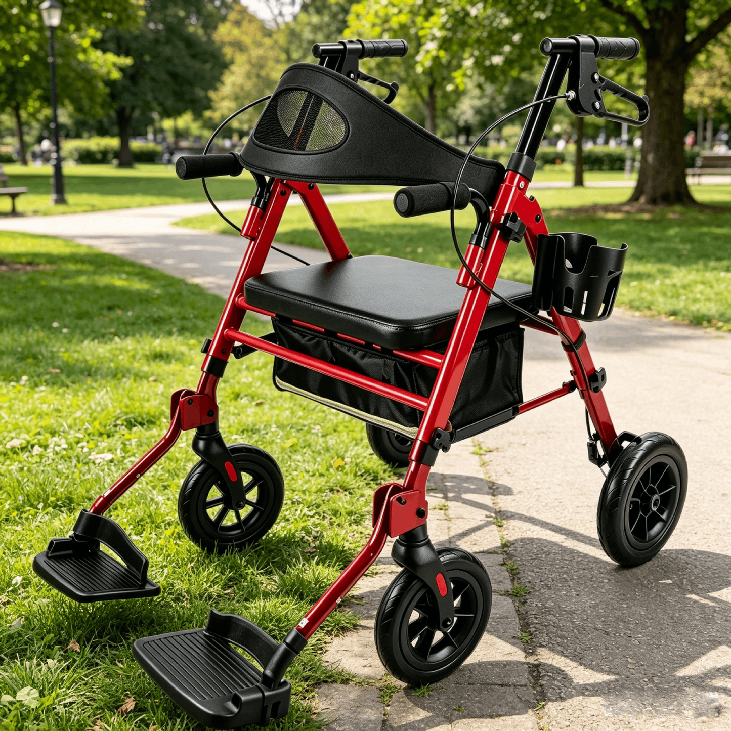 Specared 2 in 1 Rollator Walker with Ultra-Wide Breathable Backrest, 8" PU Shock-Abs All-Terrain Foldable Transport Chair for Senior, Max 350lbs Red