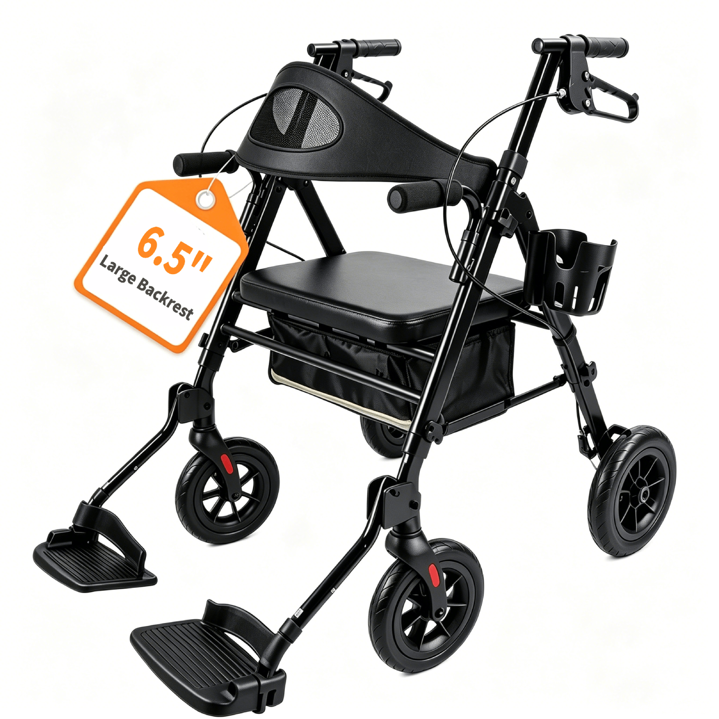 Specared 2 in 1 Rollator Walker for Senior, 6.5" Ultra-Wide Breathable Backrest Transport Chair, 8" All-Terrain Wheels, Max 350lbs Black