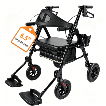 Specared 2 in 1 Rollator Walker for Senior, 6.5" Ultra-Wide Breathable Backrest Transport Chair, 8" All-Terrain Wheels, Max 350lbs Black