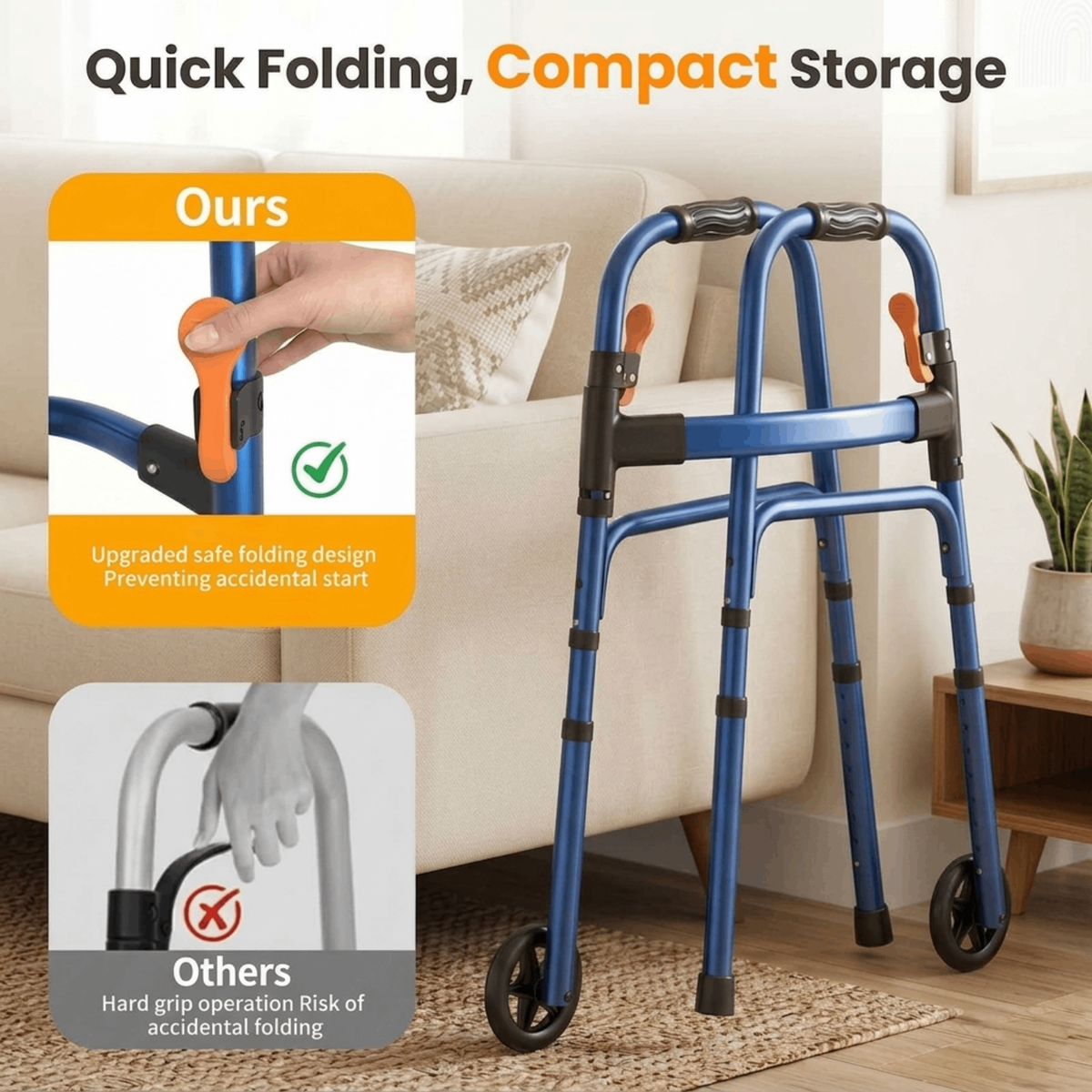 Specared Lightweight Folding Walker with One Hand Quick Fold, 8 Level Height Mobility Aid for Seniors with 300lbs Capacity, Blue