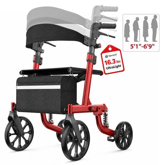 Specared All Terrain Rollator Walker with Shock Absorbers, 18" Widest Seat Ultra-Lightweight Senior Rolling Walker, Hidden Brake Cables 350lbs, Red