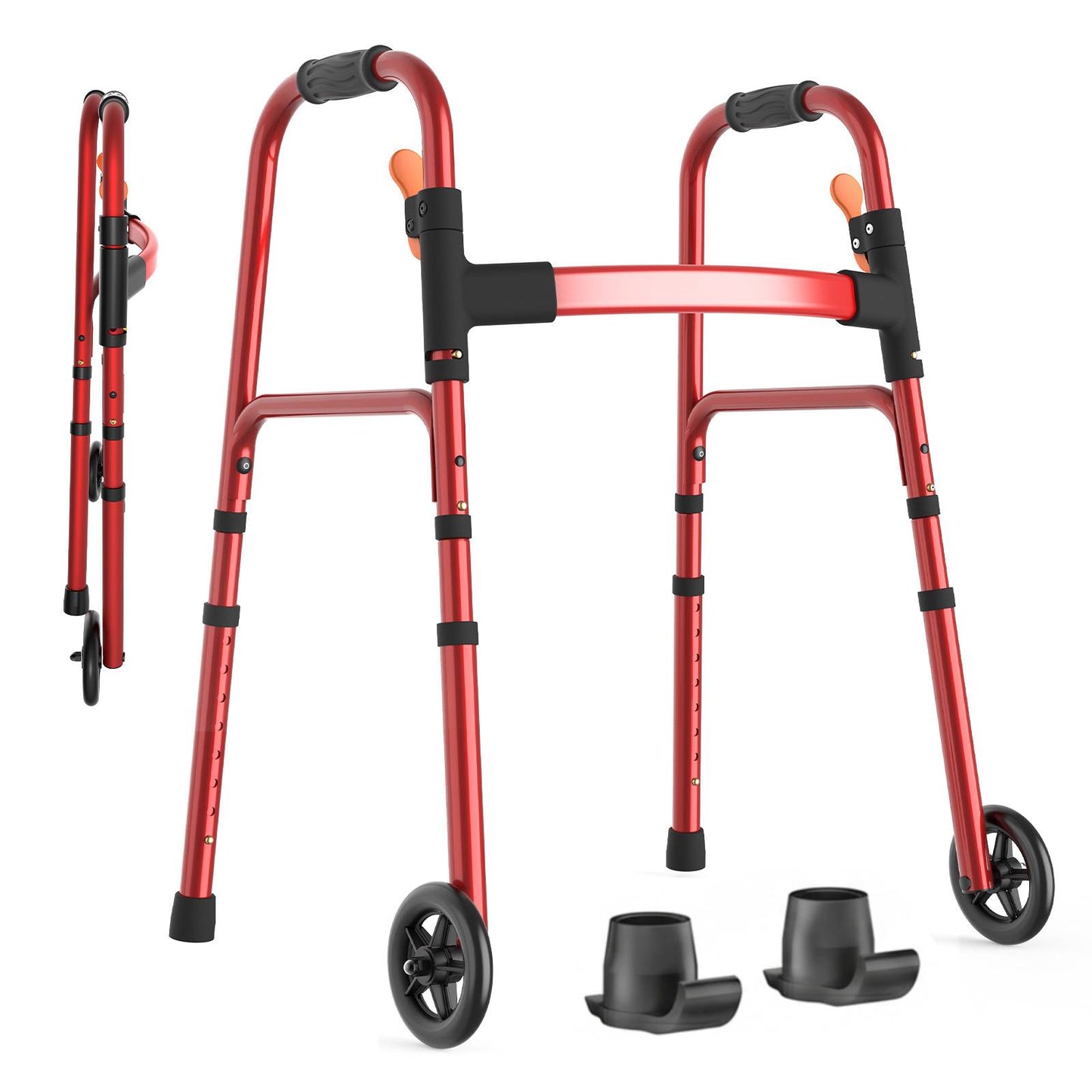 Specared Lightweight Folding Walker with One Hand Quick Fold, 8 Level Height Mobility Aid for Seniors with 300lbs Capacity, Red