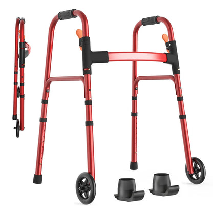 Specared Lightweight Folding Walker with One Hand Quick Fold, 8 Level Height Mobility Aid for Seniors with 300lbs Capacity, Red