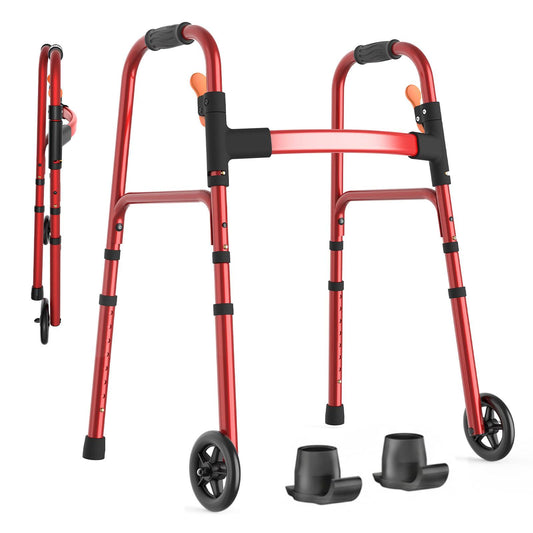 Specared Lightweight Folding Walker with One Hand Quick Fold, 8 Level Height Mobility Aid for Seniors with 300lbs Capacity, Red