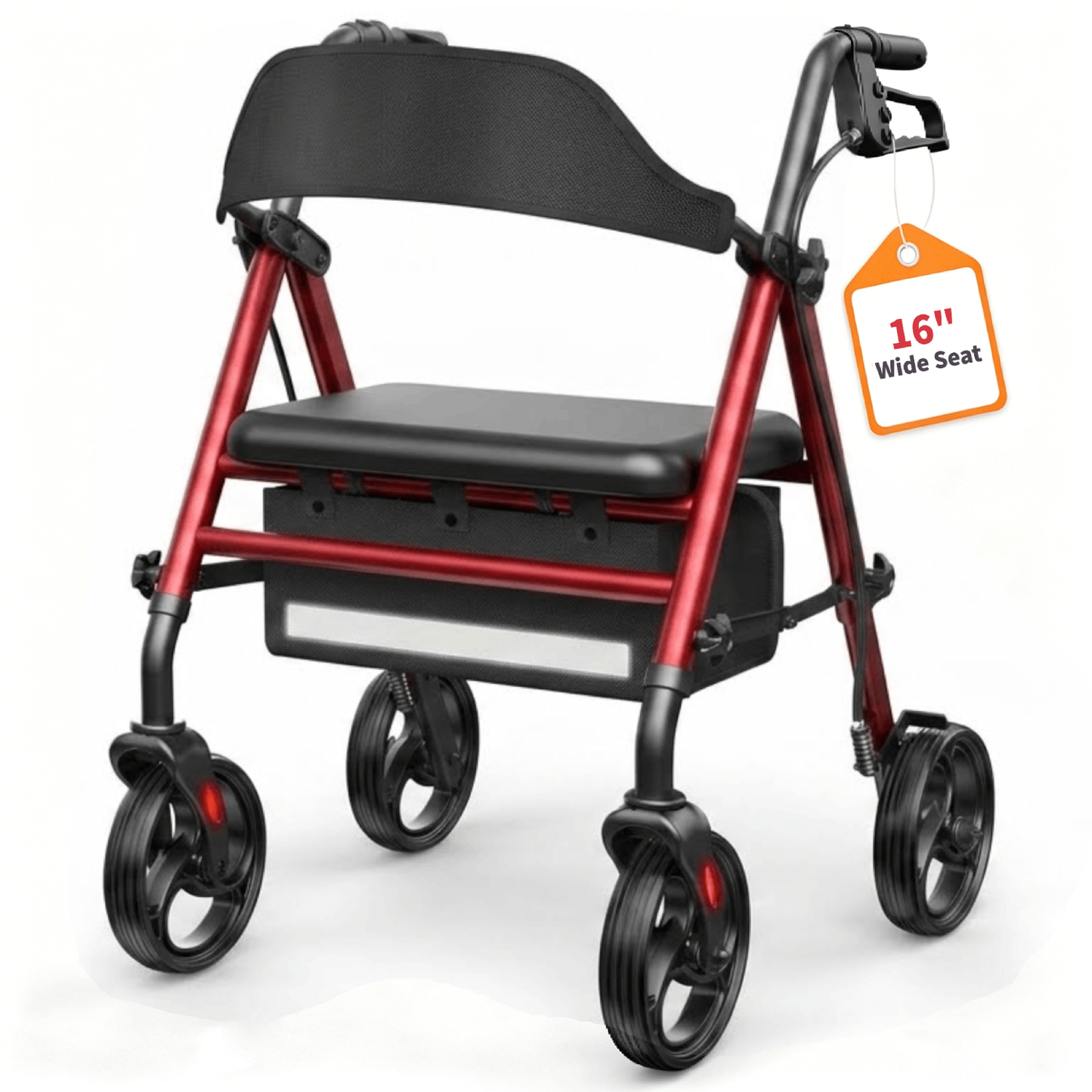 Specared Rollator Walker with Seat, 16" Wide Seat Folding Walker for Seniors, Adjustable Seat Height 350lbs Heavy Duty, Red