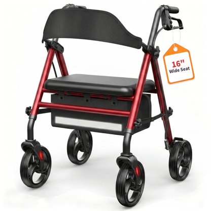 Specared Rollator Walker with Seat, 16" Wide Seat Folding Walker for Seniors, Adjustable Seat Height 350lbs Heavy Duty, Red