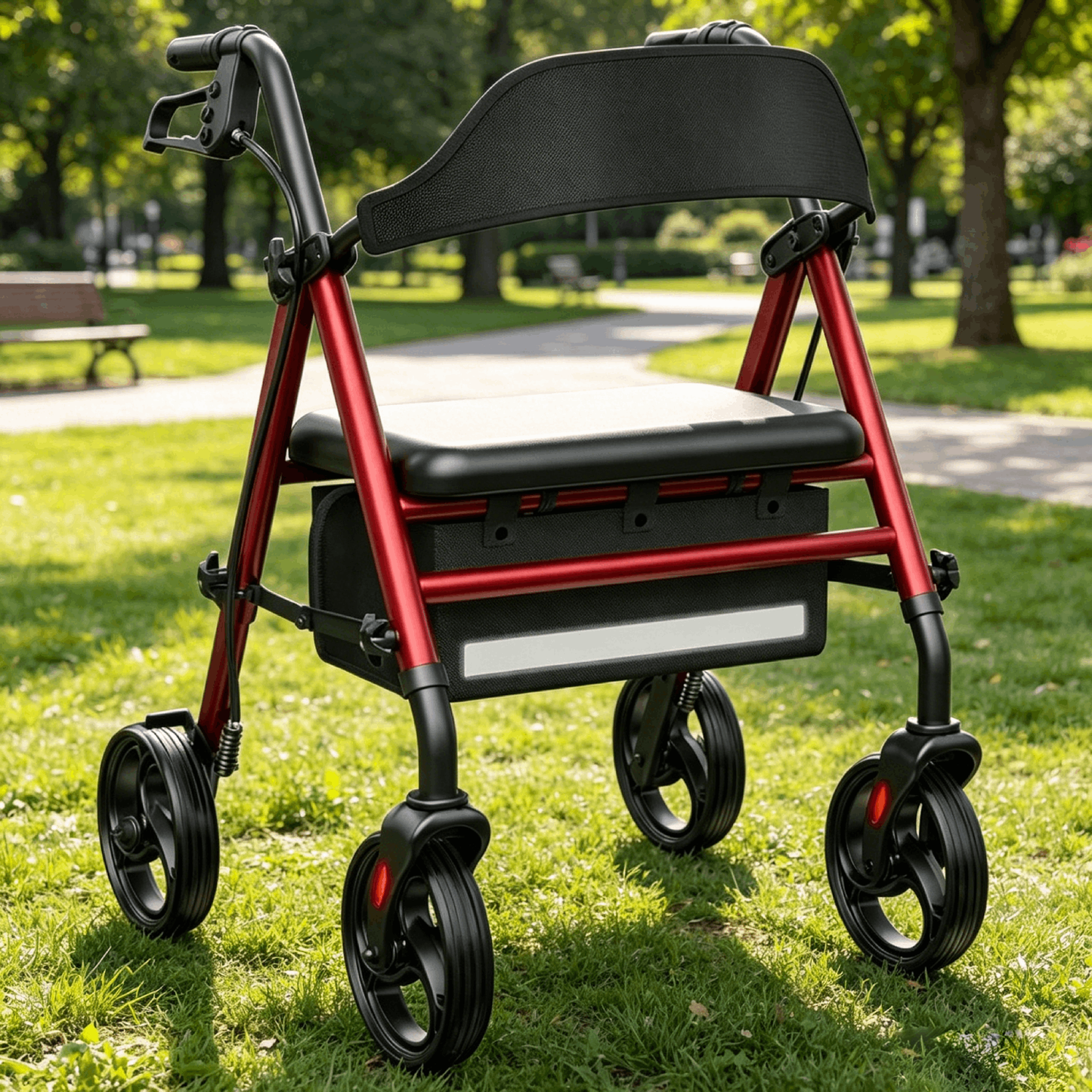 Specared Rollator Walker with Seat for Seniors, 350lbs Heavy Duty Folding Walker, Adjustable Seat Height Backrest Storage Bag, Red