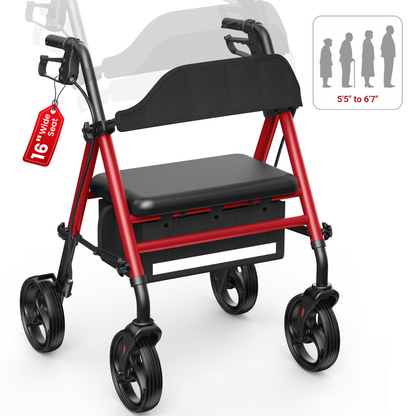 Specared Rollator Walker with Seat, 16" Wide Seat Folding Walker for Seniors, Adjustable Seat Height 350lbs Heavy Duty, Red