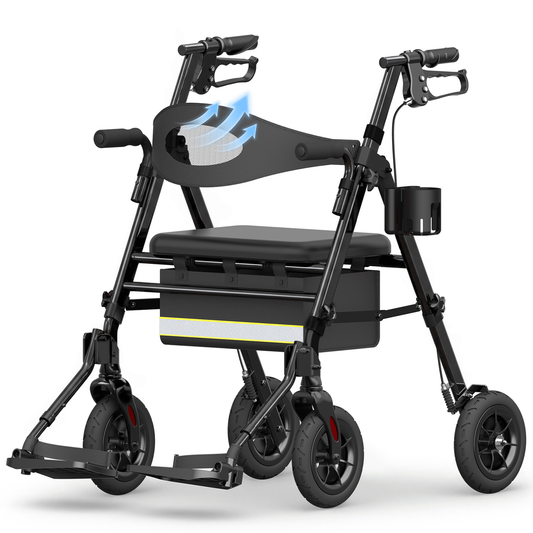 Specared 2 in 1 Rollator Walker for Seniors with 6.5" Ultra-Wide Breathable Backrest, 8" All-Terrain Wheels Transport Chair, Max 350lbs Black
