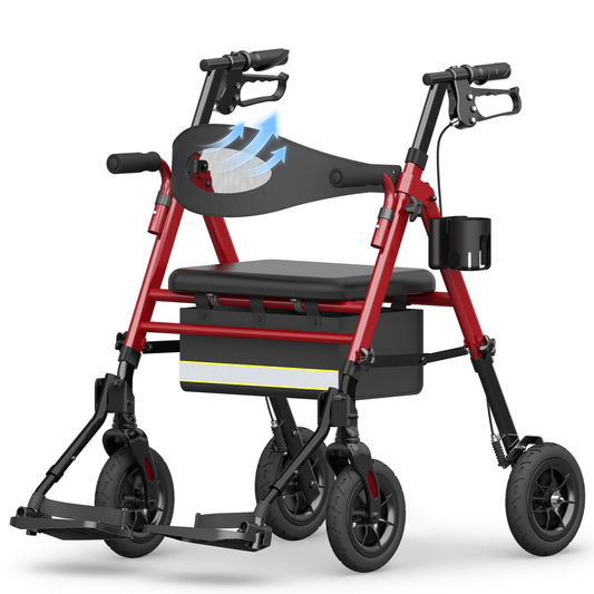 Specared 2 in 1 Rollator Walker Transport Chair with Ultra-Wide 6.5" Breathable Backrest, 8" All-Terrain Foldable Walker, Max 350lbs Red