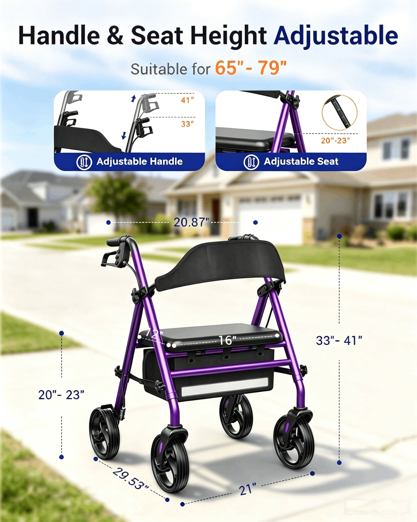 Specared Folding Rollator Walker with 350lbs Heavy Duty, 16" Wide Seat 33"-41" Adjustable Height Lightweight Walkers with Wheels, Purple