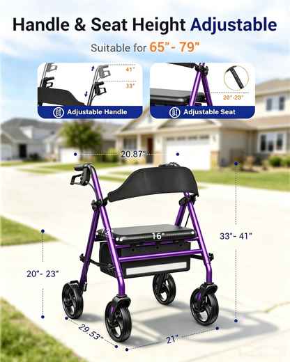 Specared Folding Rollator Walker with 350lbs Heavy Duty, 16" Wide Seat 33"-41" Adjustable Height Lightweight Walkers with Wheels, Purple