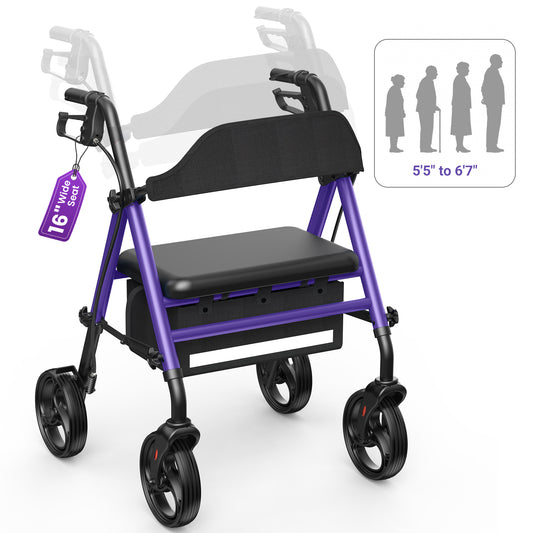 Specared All Terrain Rollator Walker for Seniors, 350lbs Heavy Duty Rolling Walker with 16" Wide Seat, 8" Wheels Storage Bag, Purple