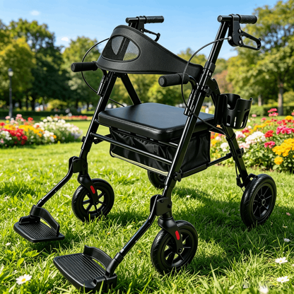 Specared 2 in 1 Rollator Walker Support to 350LBS, 6.5" Ultra-Wide Breathable Backrest Transport Chair, 8" PU Shock-Abs All-Terrain Wheels, Black