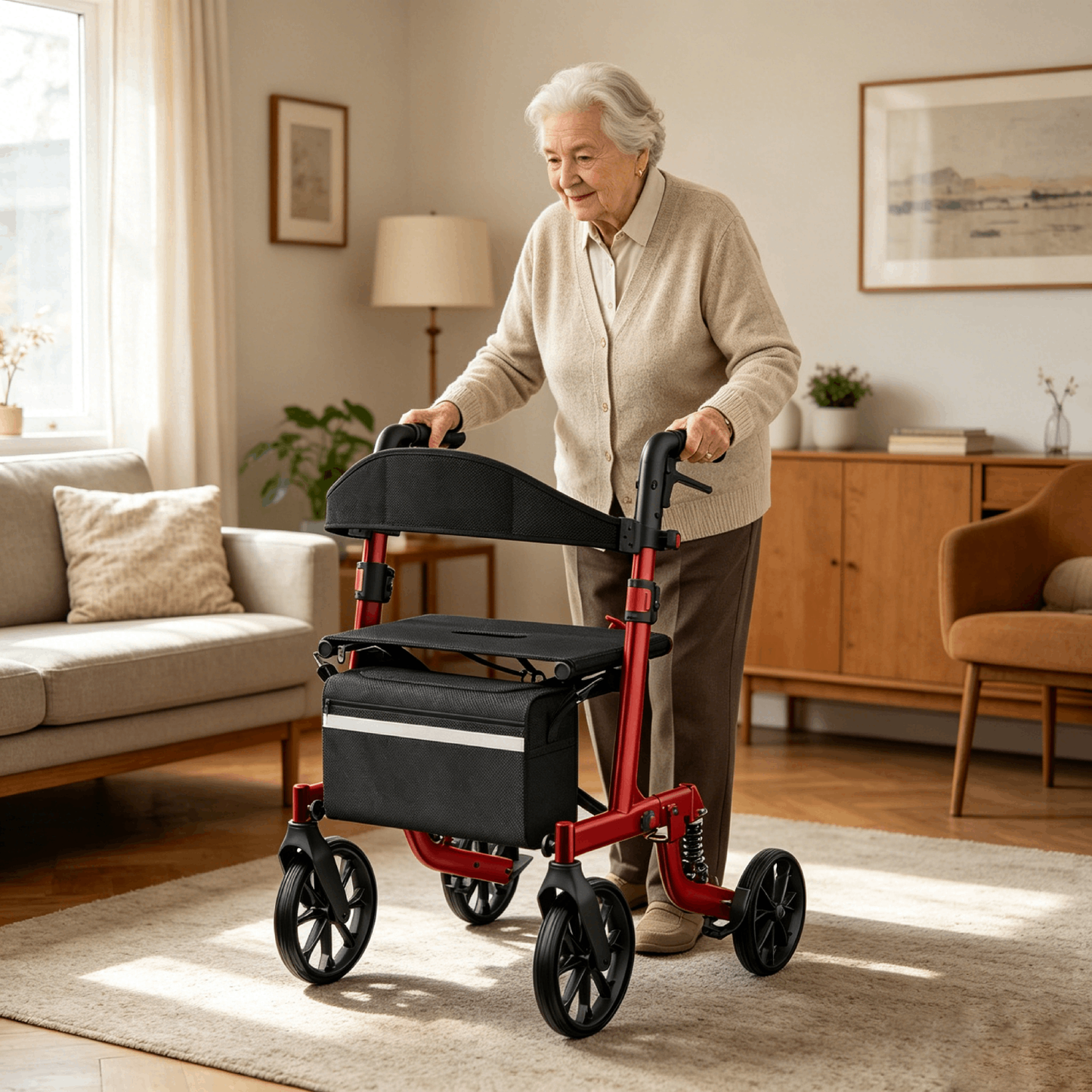 Specared All Terrain Rollator Walker with Seat 350lbs, Shock Absorbers Ultra-Lightweight Senior Rolling Walker, 18" Widest Seat Hidden Cables, Red