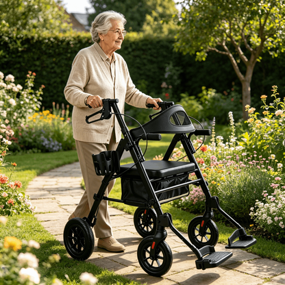 Specared 2 in 1 Rollator Walker for Senior, 6.5" Ultra-Wide Breathable Backrest Transport Chair, 8" All-Terrain Wheels, Max 350lbs Black