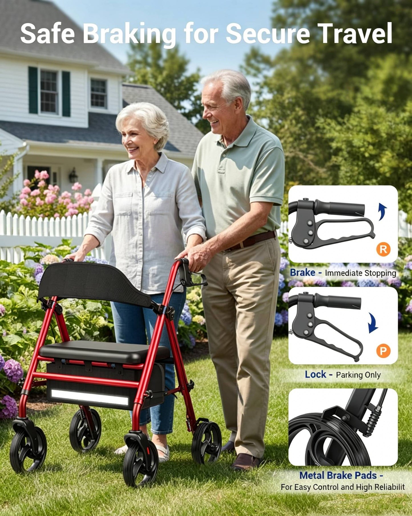 Specared Rollator Walker with Seat for Seniors, 350lbs Heavy Duty Folding Walker, Adjustable Seat Height Backrest Storage Bag, Red